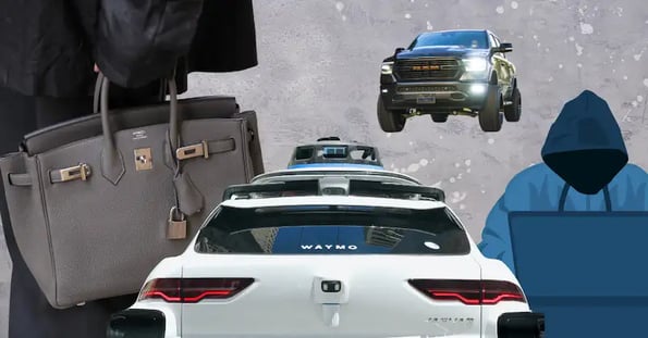 A collage of images shows a Hermes handbag, a Waymo car, a Ram truck, and clipart of a hoodie-wearing hacker in front of a laptop.