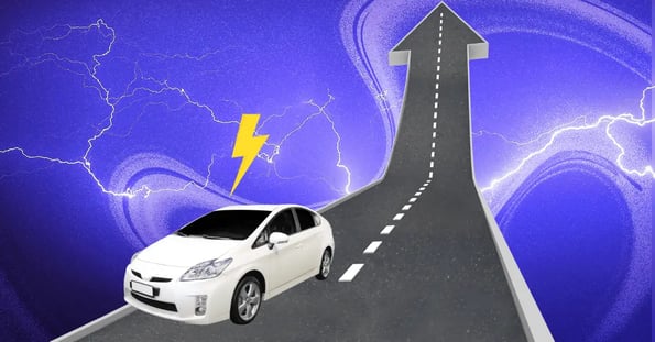 A white car with a yellow lightning bolt hovering above it on a paved road that turns into an arrow pointing up. The background is purple and covered in lightning strikes.