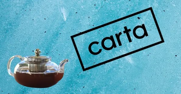 A teapot next to Carta’s logo on a blue background.