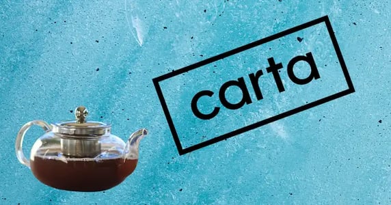 A teapot next to Carta’s logo on a blue background.