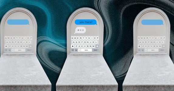 Three gravestones with iMessage bubbles and keyboards.