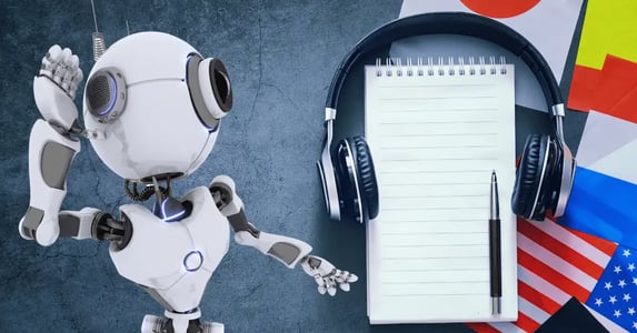 A robot with a hand to its ear alongside a collage of translator-related imagery: headphones, a pen and notebook, and national flags of Spain, France, US, Japan, and Germany.