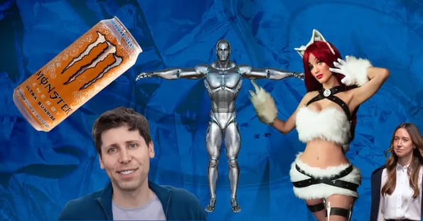 An orange Monster energy drink can, Sam Altman, a robot, Charlie Javice, and a woman with pink hair in a cat costume on a blue background.