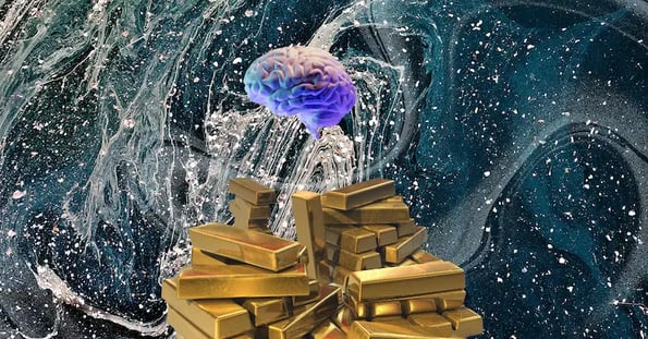 A glowing brain hovers above a stack of gold bars.
