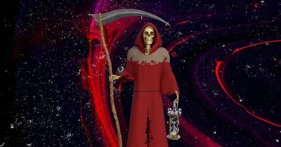 The Grim Reaper wearing a red robe and holding a scythe and an hourglass on a red and black background.