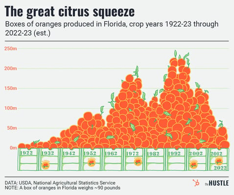 boxes of orange produced by year