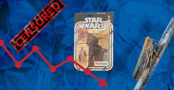 A red censored bar, a toy figure of a Jawa from Star Wars, a red line chart pointing downward, and a cicada sitting on a branch on a blue background.