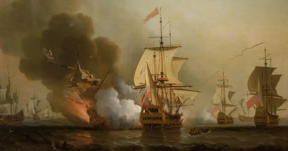 An oil painting by English painter Samuel Scott depicts a British vessel attacking a large Spanish galleon. The force of the gunfire seems to blow the Spanish vessel apart in a cloud of smoke and flames, reflected on the water.