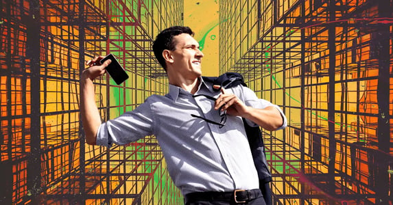 A white man in a dress shirt winding up to throw his phone on a yellow geometric background.