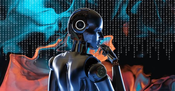 A robot’s back with its hand on its chin and binary code in the background.