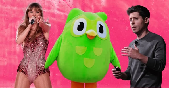 Taylor Swift, the Duolingo owl, and Sam Altman on a pink background.