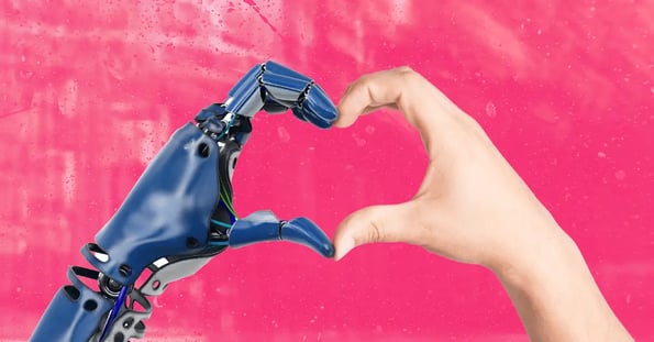 bot and human hand forming a heart