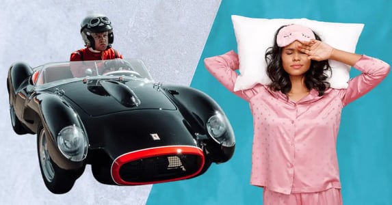 A two-sided image: on the left, a man drives a miniature sports car, and on the right, a woman carrying a pillow wears a sleep mask and pajamas.