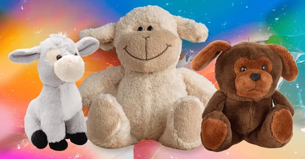 A gray, light brown, and dark brown stuffed animal on a rainbow background.