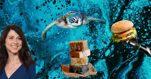A collage of images on a blue background: MacKenzie Scott, a sea turtle, a stack of soap bars, and a hamburger.