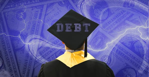 The back of a man’s body who is wearing a graduation cap and gown with embroidered letters spelling “debt” on the cap