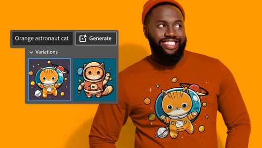 A man standing against an orange background wears a red shirt with an AI-generated image of a cat astronaut on it.