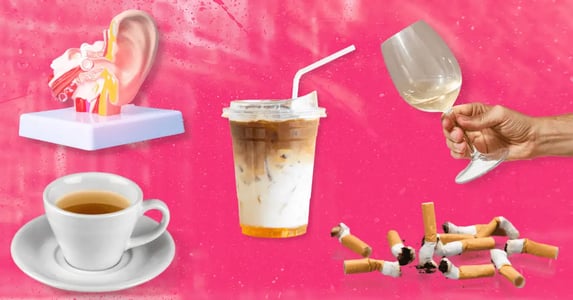 A collage of images on a pink background, including a medical diagram of an ear, a cup of tea, a cup of milky coffee, a pile of cigarette butts, and a hand holding a glass of white wine.