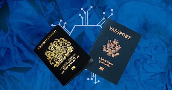 American and British passports against a blue background.