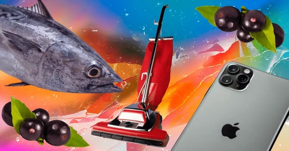 A collage of images against a rainbow-colored background: a tuna fish, acai berries, a red vacuum cleaner, and an iPhone.