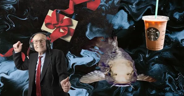 An old man listening to music on headphones, a catfish, a Starbucks latte, and a gift wrapped with a red ribbon on a blue background.