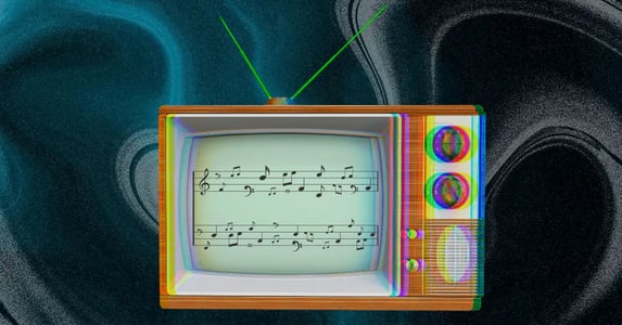 A vintage television displaying sheet music.
