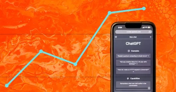 A mobile phone open to ChatGPT and a blue rising chart line on an orange background.