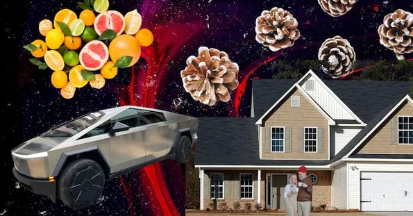 A collage showing a bundle of citrus fruit, pine cones, a Tesla Cybertruck, and a couple standing in front of a two-story house.