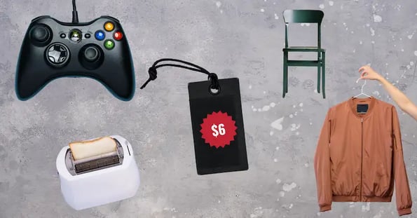 A collage showing an Xbox controller, a toaster, a chair, and a jacket surrounding a price tag showing “$6.”