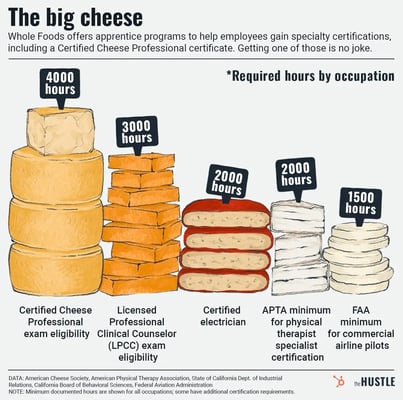 A chart compares hours required for certification in various industries — Certified Cheese Professional (4k hours) tops the list, ahead of Licensed Professional Clinical Counselor (3k hours), certified electrician (2k hours), physical therapist specialist (2k hours), and commercial airline pilot (1.5k hours).
