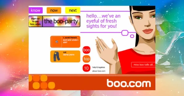 A screenshot of Boo.com on a rainbow background.