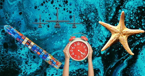 Three gray drones, a container ship, a starfish, and two hands holding up a red alarm clock on a blue background.