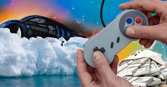 A collage on a rainbow-colored background depicting an experimental electric vehicle, an icy Antarctic landscape, a disembodied set of hands on a Super Nintendo gaming controller, and a large sack filled with cash.
