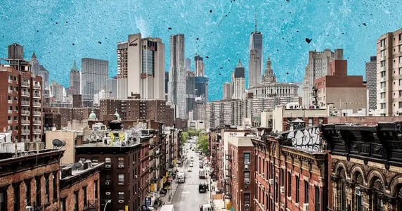 The skyline of lower Manhattan against a textured light-blue background.