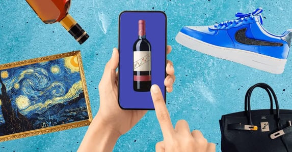 Van Gogh’s “Starry Night,” a bottle of whiskey, a blue sneaker, a black Birkin bag, and white hands holding a cell phone showing a bottle of wine.