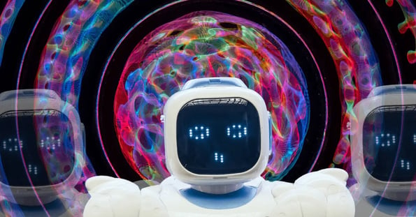A white robot with a computerized face in front of a dizzying, colorful kaleidoscopic background.