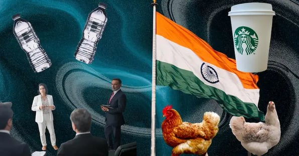 Two clear plastic water bottles, a Starbucks coffee cup, the flag of India, a chicken and a rooster, and a man and a woman leading a corporate meeting on a dark-blue background.
