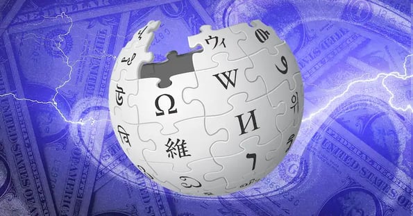 The Wikipedia logo against a purple background collage of dollar bills and lightning.