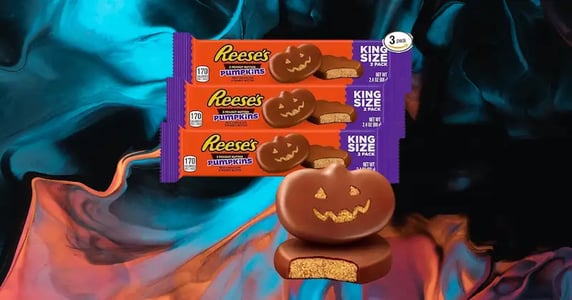 Packaging of Reese’s Halloween candies, which appear to be small chocolate pumpkins with cutout jack-o’-lantern faces exposing peanut butter underneath.