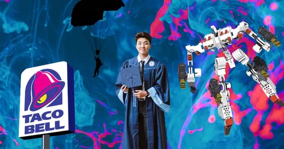 A Taco Bell sign, a silhouette of a skydriver, a young Asian man in a blue graduation cap and gown, and a red-and-white robot on a blue and purple background.