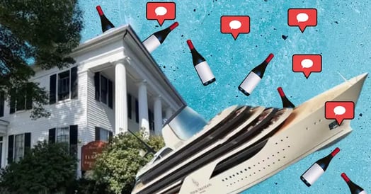 A white, two-storey home with black shutters, a white yacht, several bottles of red wine, and several heart notifications on a blue background.