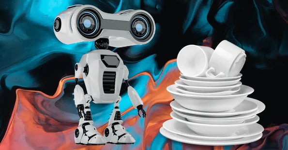 A white robot and a stack of white dishes and mugs on a blue, orange, and black swirl background.