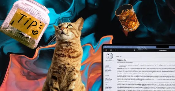 A collage of images on a blue and orange background: a tip jar, an orange cat, a glass of whiskey, and a laptop displaying Wikipedia.