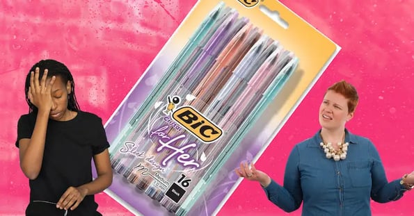 A Black woman holds her palm to her face in exasperation and a white woman throws out her hands in confusion in front of a package of Bic for Her pens on a pink background.