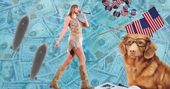 A collage of images — two white airships, Taylor Swift, voting stickers and American flags, and a dog wearing glasses — against a teal background.