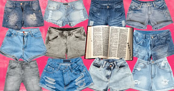 A grid featuring 11 pairs of jean shorts on a pink background, with one spot in the grid taken by an open dictionary.