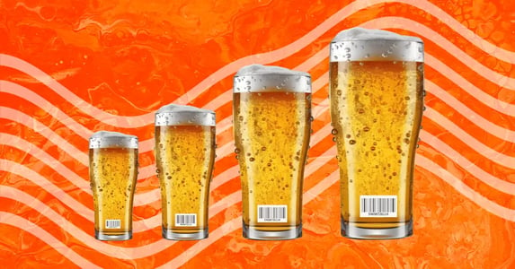 Four glasses of beer with barcode labels on them, increasing in size against an orange background.