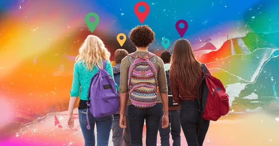 The back view of five young people all wearing backpacks and walking with location pin graphics hovering over their heads on a rainbow background.