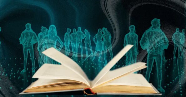 Blue glowing outlines of a crowd of people over an open hardcover book.