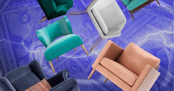 Blue, green, white, turquoise, and pink upholstered arm chairs falling from the sky on a purple background with lightning and dollar bills.